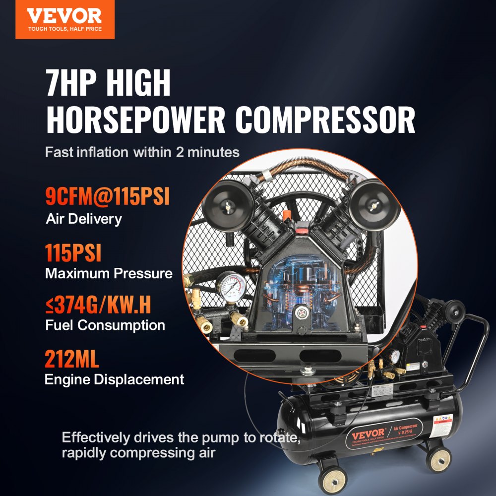 Bostome 7HP gas powered air compressor with 13.2-gallon tank and dual air outlets.