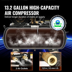 Bostome 7HP gas powered air compressor with 13.2-gallon tank and dual air outlets.