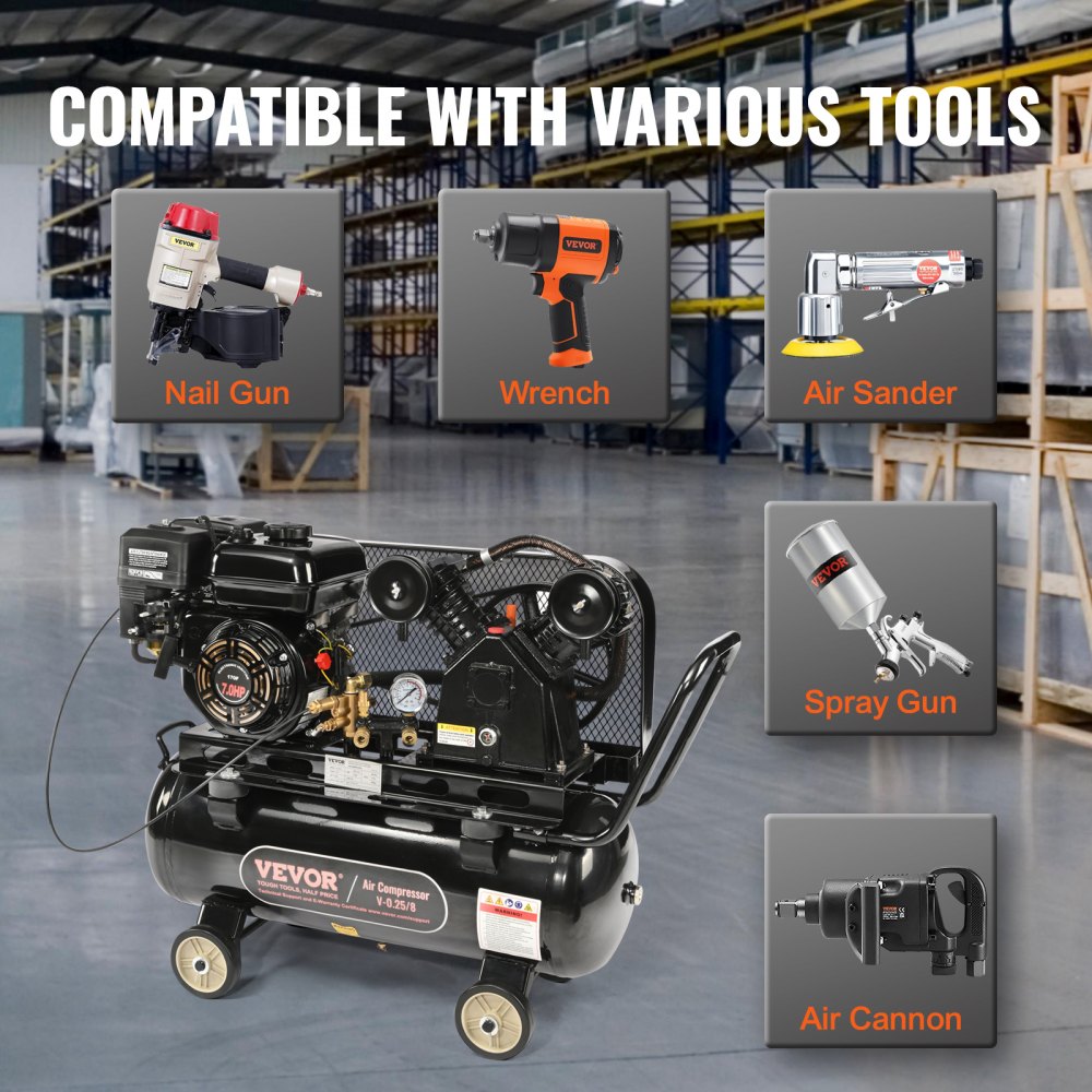 Bostome 7HP gas powered air compressor with 13.2-gallon tank and dual air outlets.