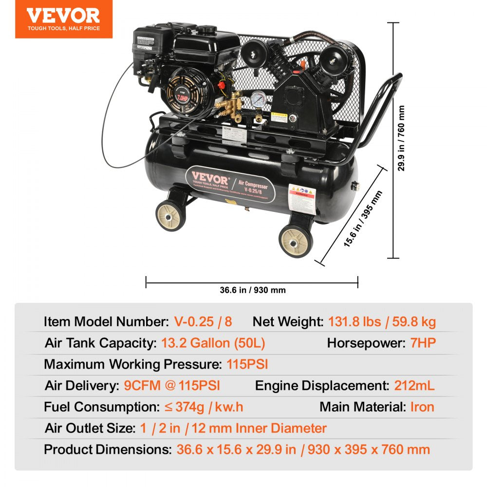 Bostome 7HP gas powered air compressor with 13.2-gallon tank and dual air outlets.