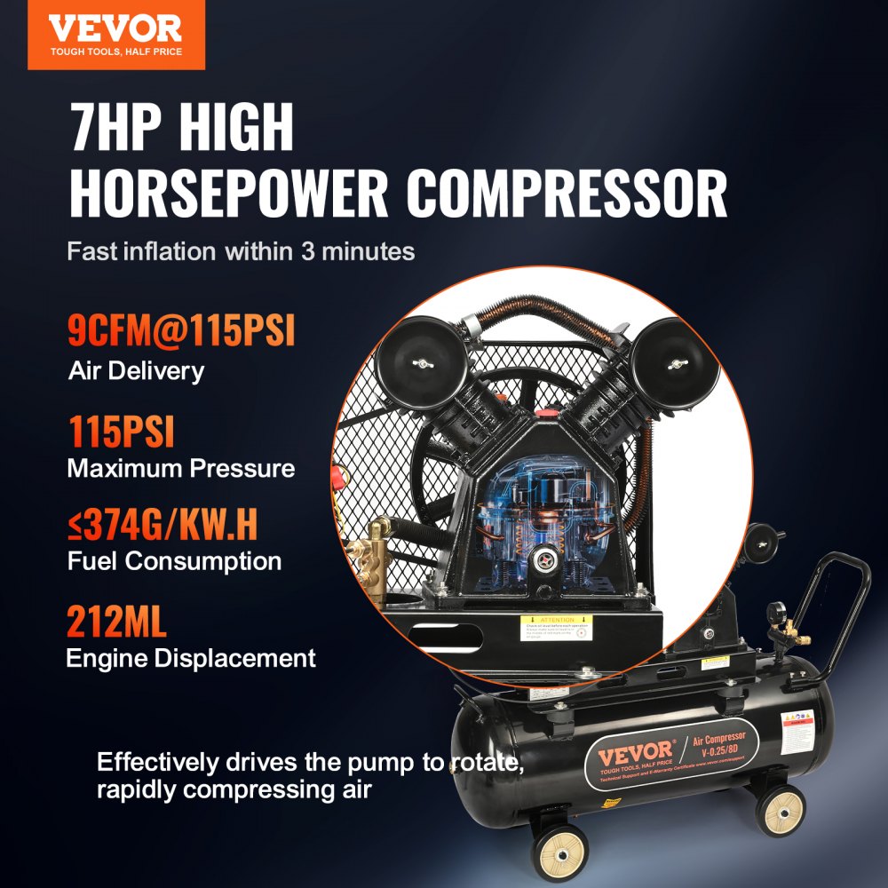 Bostome 7HP gas powered air compressor with a 21-gallon tank and four wheels for easy transport.