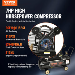 Bostome 7HP gas powered air compressor with a 21-gallon tank and four wheels for easy transport.