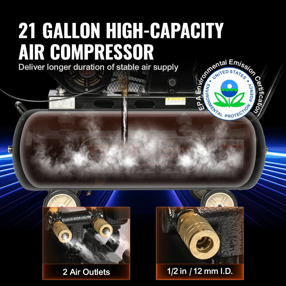 Bostome 7HP gas powered air compressor with 21-gallon tank and four wheels for easy transport.