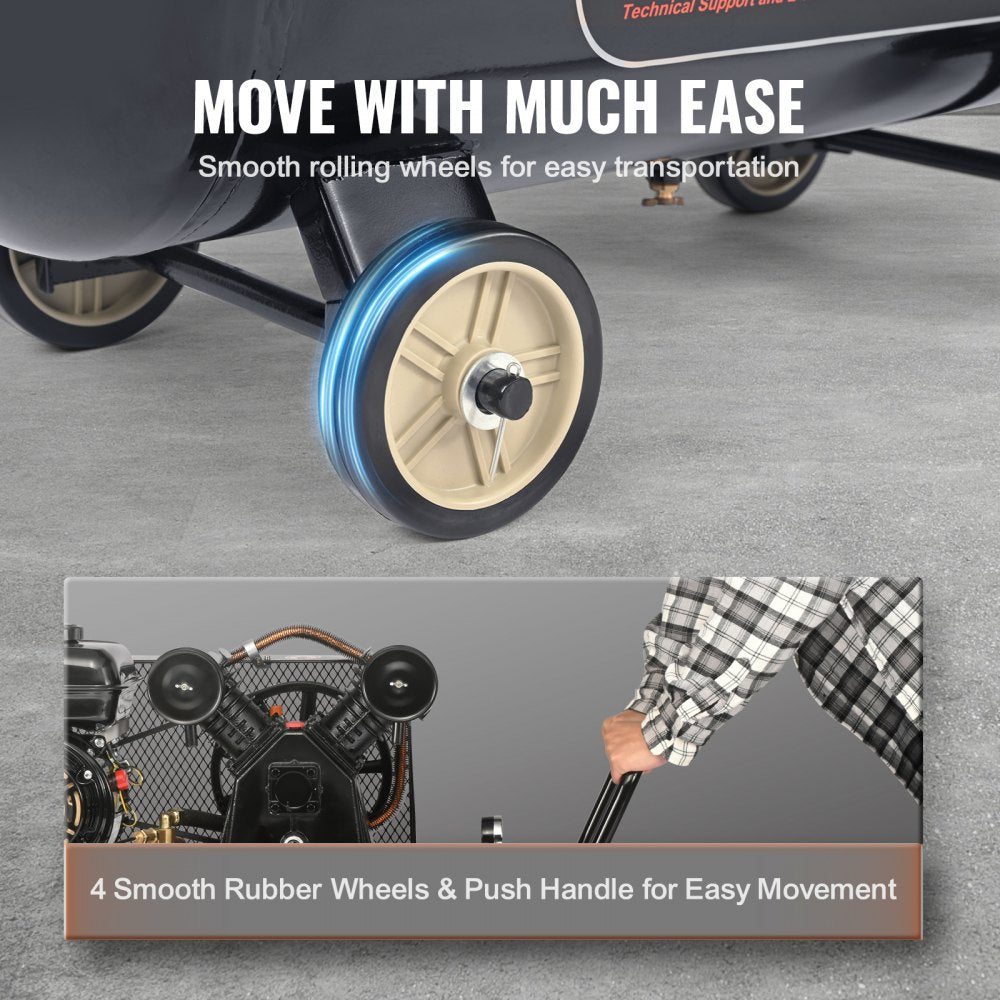 Bostome 7HP gas powered air compressor with a 21-gallon tank and four wheels for easy transport.