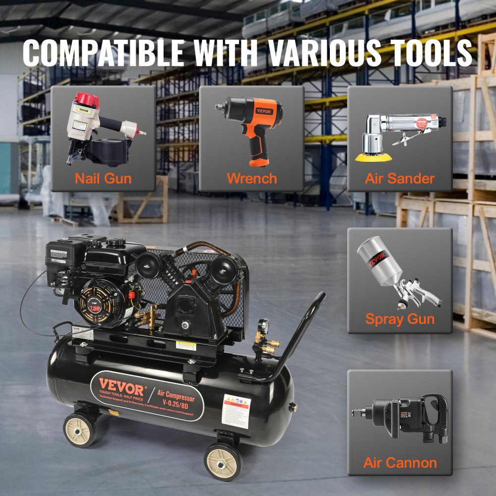 Bostome 7HP gas powered air compressor with 21-gallon tank and four wheels for easy transport.