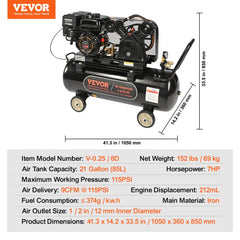 Bostome 7HP gas powered air compressor with a 21-gallon tank and four wheels for mobility.