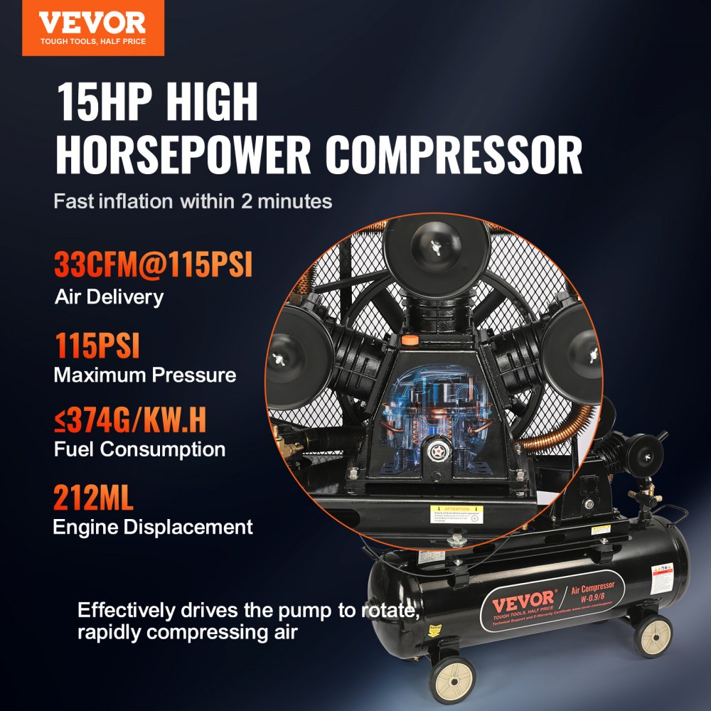 Bostome 15HP gas powered air compressor with 30-gallon tank and four wheels for easy transport.