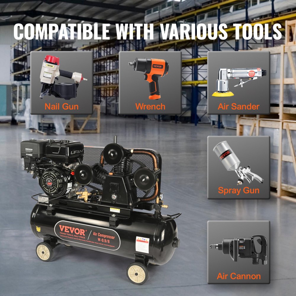 Bostome 15HP gas powered air compressor with 30-gallon tank and dual outlets for efficient air supply.