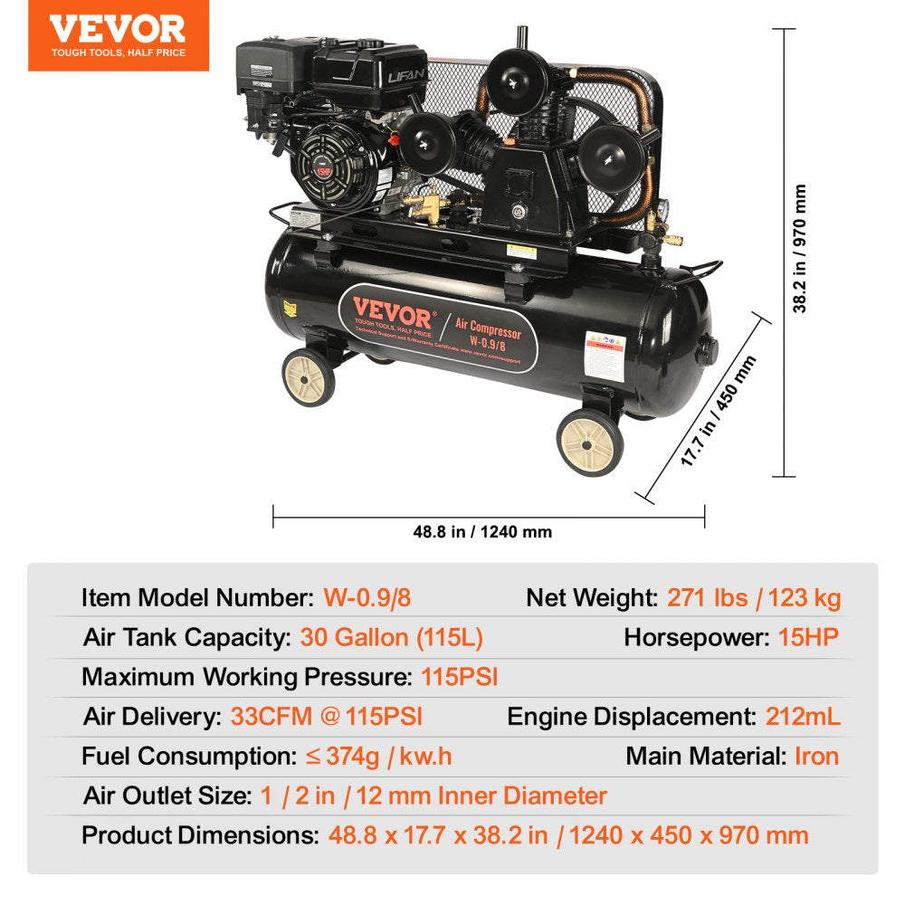 Bostome 15HP gas powered air compressor with a 30-gallon tank and dual outlets.