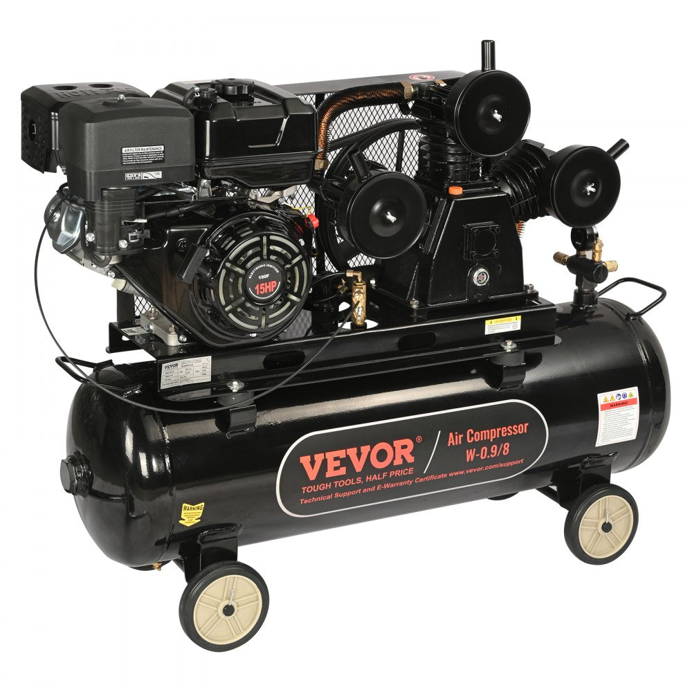 Gas powered air compressor with 30-gallon tank and wheels for easy transport.