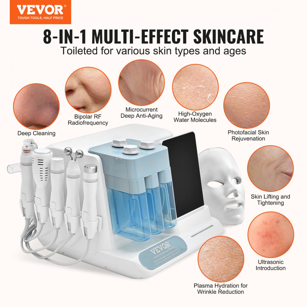 8 in 1 Hydrogen Oxygen Facial Machine, Professional Hydrafacial Machine for Spa, Hydro Facial Cleansing Rejuvenation Machine with 8 in LCD Screen, Microcurrent Probe, Bipolar RF Radiofrequency