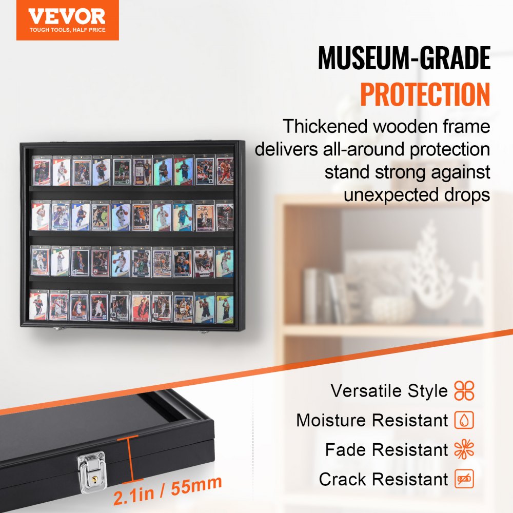 36 Graded Sports Card Display Case, 30.5x24.3x2.1 in, Baseball Card Display Frame with 98% UV Protection Clear View PC Glass, Lockable Wall Cabinet for Football Basketball Hockey Trading Card