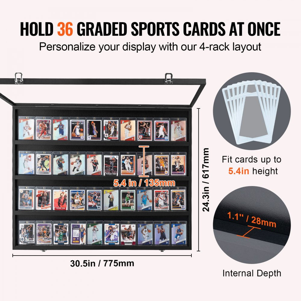 36 Graded Sports Card Display Case, 30.5x24.3x2.1 in, Baseball Card Display Frame with 98% UV Protection Clear View PC Glass, Lockable Wall Cabinet for Football Basketball Hockey Trading Card
