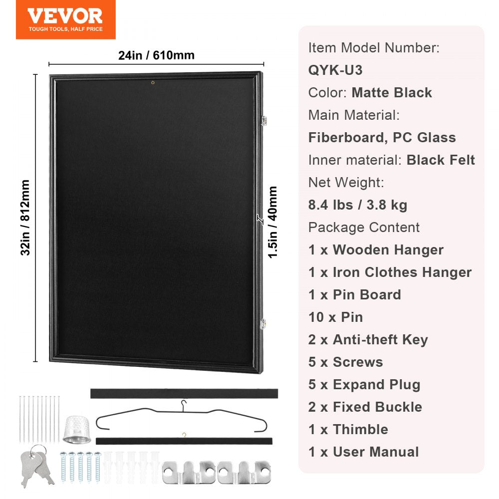 Jersey Display Frame Case, 24 x 32 x 1.5 in, Large Lockable Sport Jersey Shadow Box with 98% UV Protection PC Glass and Hangers, for Baseball Basketball Football Hockey Shirt and Uniform, Black
