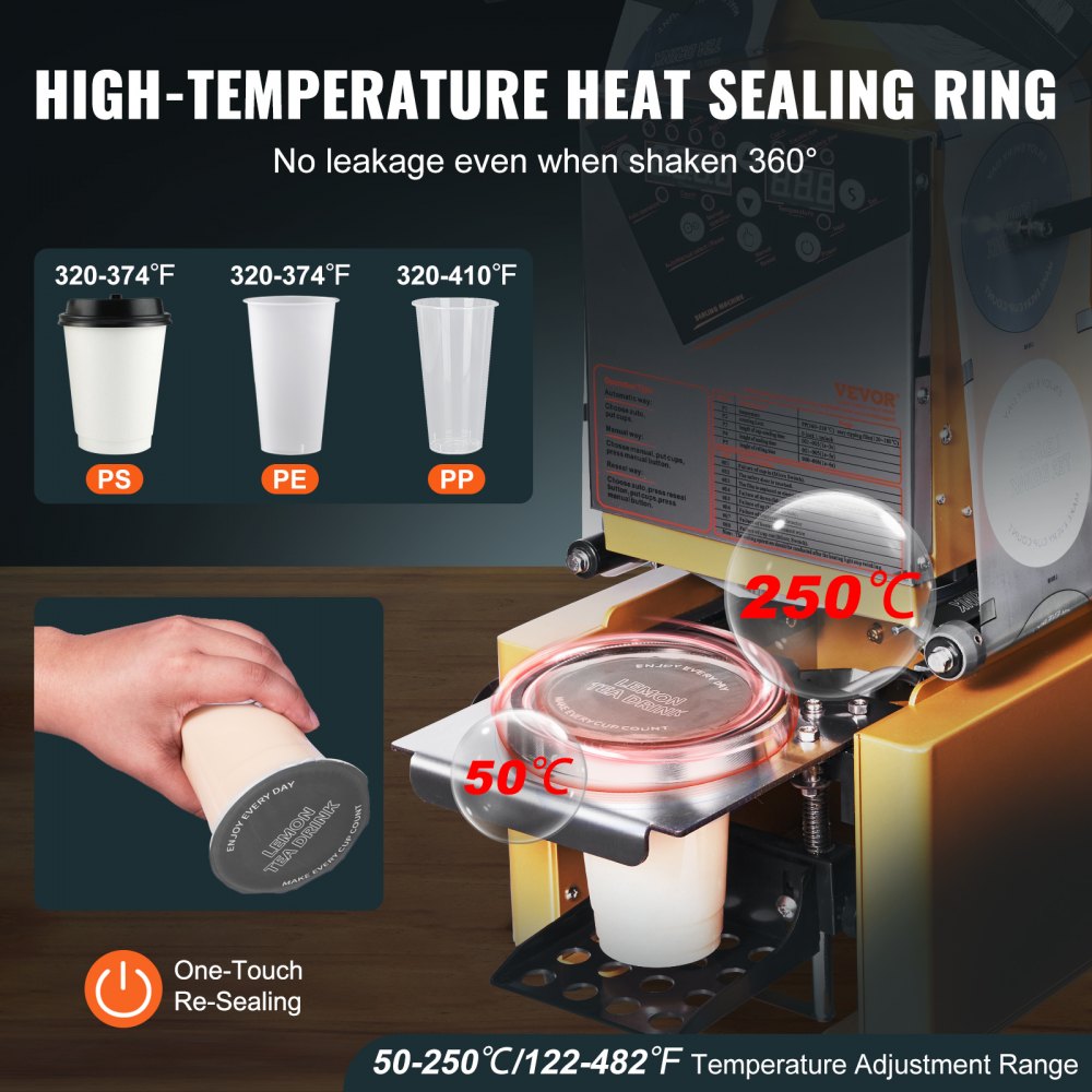 Fully Automatic Cup Sealing Machine, 500-650 Cups/H, Cup Sealer Machine for 190 mm Tall & 90/95 mm Cup, Electric Boba Tea Sealer with Digital Control LCD Panel for Bubble Milk Tea Coffee, Gold