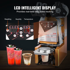 Fully Automatic Cup Sealing Machine, 500-650 Cups/H, Cup Sealer Machine for 190 mm Tall & 90/95 mm Cup, Electric Boba Tea Sealer with Digital Control LCD Panel for Bubble Milk Tea Coffee, Gold