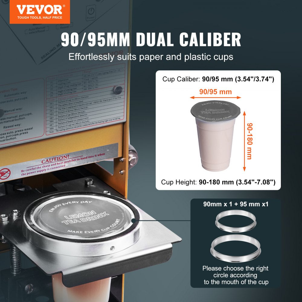 Fully Automatic Cup Sealing Machine, 500-650 Cups/H, Cup Sealer Machine for 180 mm Tall & 90/95 mm Cup, Electric Boba Tea Sealer with Digital Control LCD Panel for Bubble Milk Tea Coffee, Gold