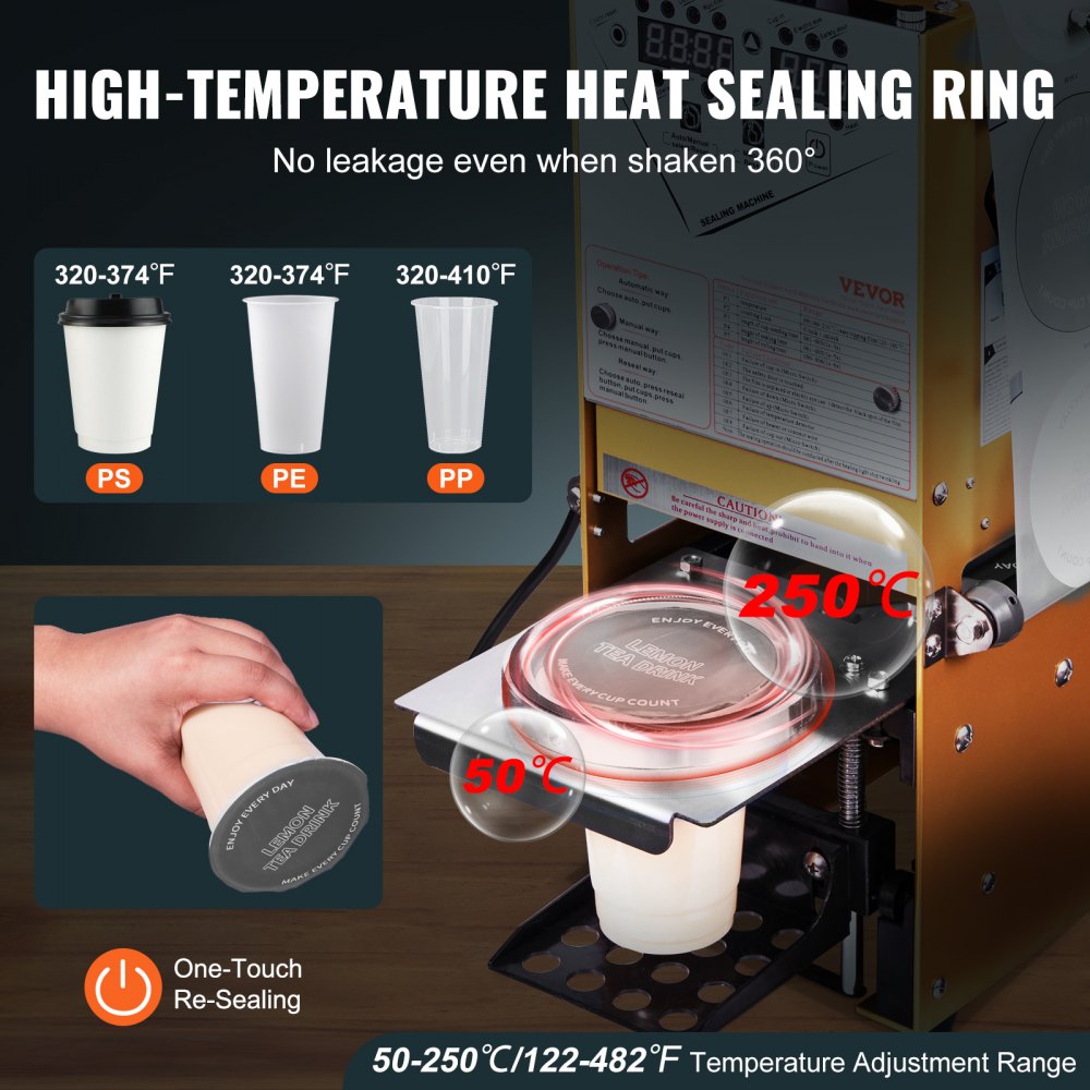 Fully Automatic Cup Sealing Machine, 500-650 Cups/H, Cup Sealer Machine for 180 mm Tall & 90/95 mm Cup, Electric Boba Tea Sealer with Digital Control LCD Panel for Bubble Milk Tea Coffee, Gold