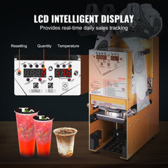 Fully Automatic Cup Sealing Machine, 500-650 Cups/H, Cup Sealer Machine for 180 mm Tall & 90/95 mm Cup, Electric Boba Tea Sealer with Digital Control LCD Panel for Bubble Milk Tea Coffee, Gold