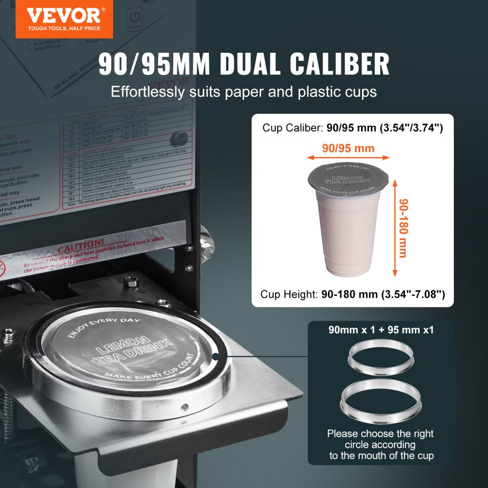Fully Automatic Cup Sealing Machine, 500-650 Cups/H, Cup Sealer Machine for 180 mm Tall & 90/95 mm Cup, Electric Boba Tea Sealer with Digital Control LCD Panel for Bubble Milk Tea Coffee, Black