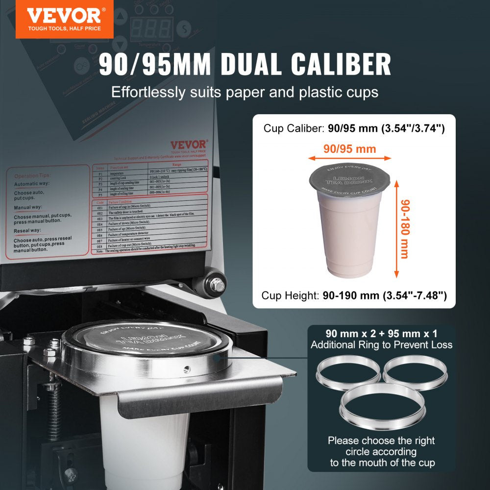 Fully Automatic Cup Sealing Machine, 500-650 Cups/H, Cup Sealer Machine for 190 mm Tall & 90/95 mm Cup, Electric Boba Tea Sealer with Digital Control LCD Panel for Bubble Milk Tea Coffee, Black