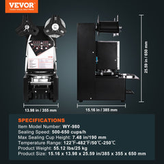 Fully Automatic Cup Sealing Machine, 500-650 Cups/H, Cup Sealer Machine for 190 mm Tall & 90/95 mm Cup, Electric Boba Tea Sealer with Digital Control LCD Panel for Bubble Milk Tea Coffee, Black