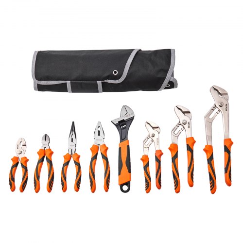 Eight-piece pliers set with TPR handles, made of high carbon steel for durability and grip.