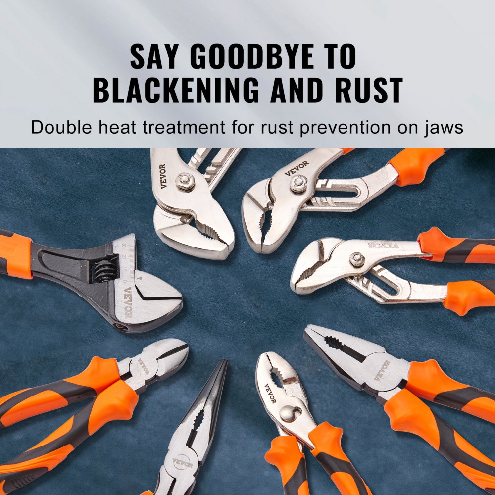 Eight-piece pliers set featuring high carbon steel construction and ergonomic TPR handles.