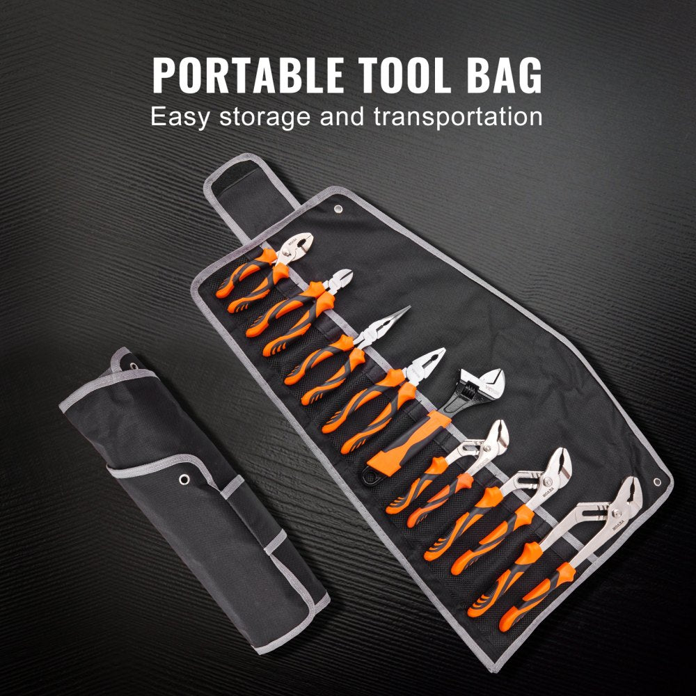 Eight-piece pliers set with TPR handles, including various types for versatile use.