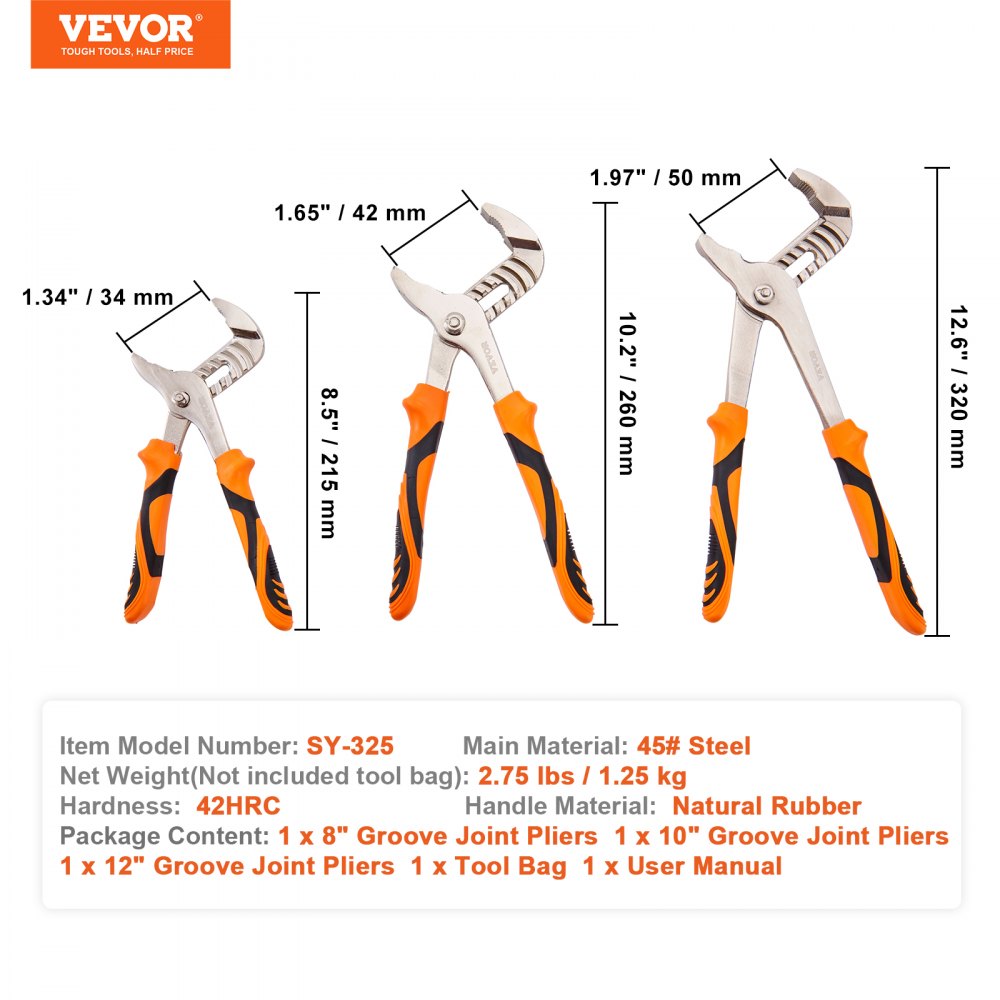 3-Piece Groove Joint Pliers Set, 12/10/8 inch, Heat-Treated High Carbon Steel Water Pump Pliers, Button Quick Adjustable Pliers for Home Repair, Gripping, Nuts, Bolts, Pipes, Fittings