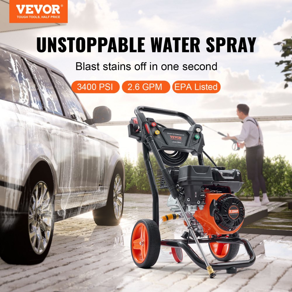 Gas Pressure Washer, 3400 PSI 2.6 GPM, Gas Powered Pressure Washer with Aluminum Pump, Spray Gun and Extension Wand, 5 Quick Connect Nozzles, for Cleaning Cars, Homes, Driveways, Patios