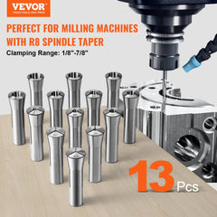 13 pcs Precision R8 Collet Set, 1/8`` - 7/8``, 45# Alloy Steel Mill Collet Chuck 0.0012"/30μm TIR with 13 Labeled Storage Boxes, for Milling Machine Drill Presses Boring Machine Machining Center