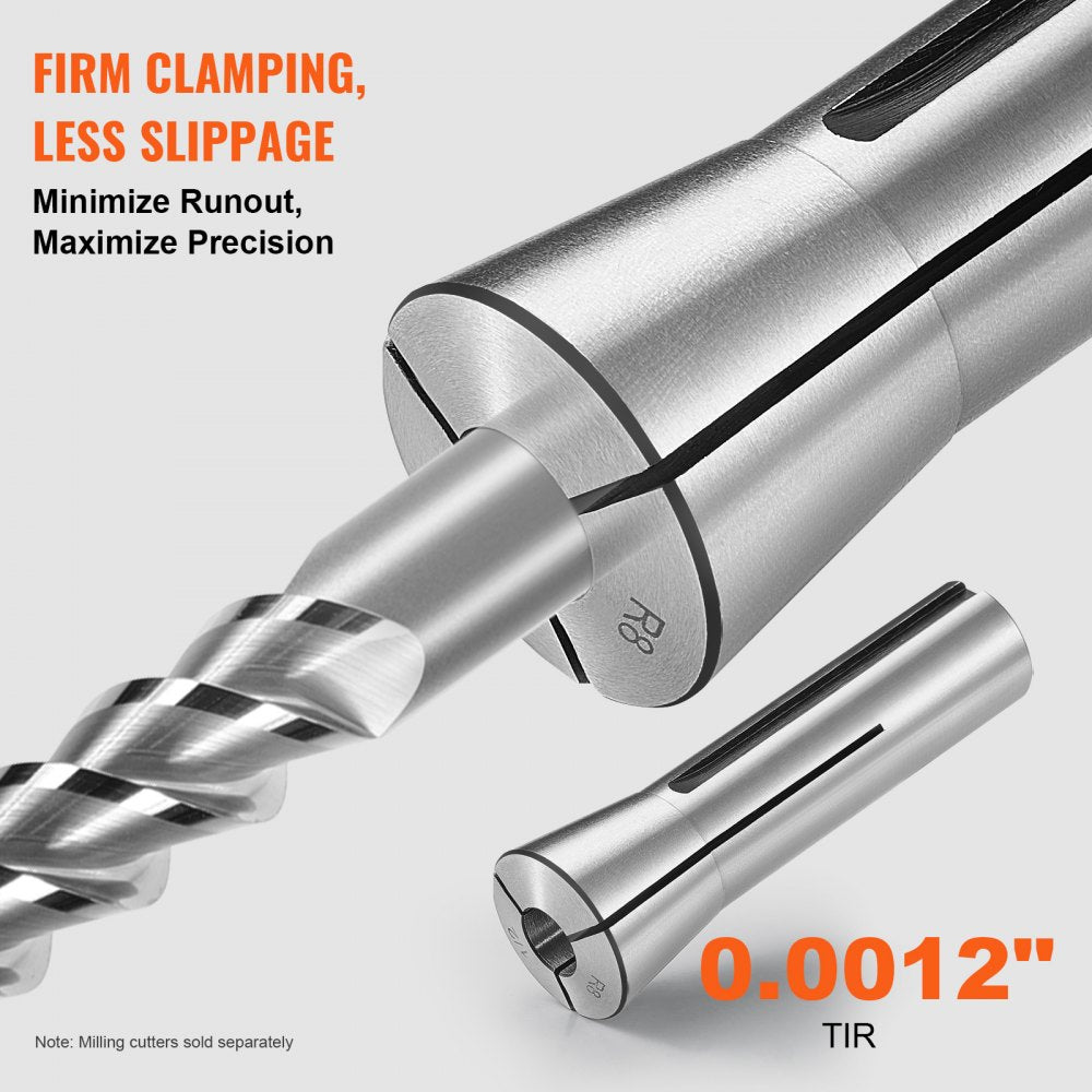 13 pcs Precision R8 Collet Set, 1/8`` - 7/8``, 45# Alloy Steel Mill Collet Chuck 0.0012"/30μm TIR with 13 Labeled Storage Boxes, for Milling Machine Drill Presses Boring Machine Machining Center