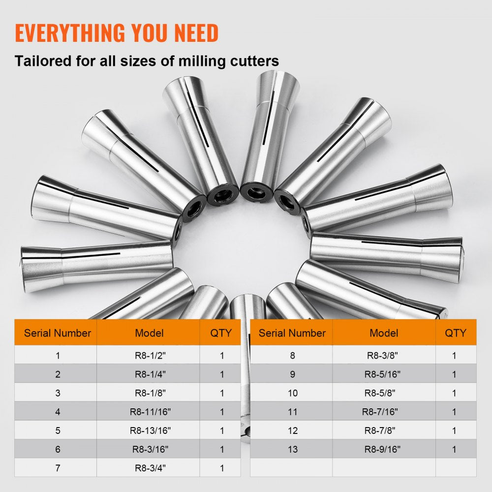 13 pcs Precision R8 Collet Set, 1/8`` - 7/8``, 45# Alloy Steel Mill Collet Chuck 0.0012"/30μm TIR with 13 Labeled Storage Boxes, for Milling Machine Drill Presses Boring Machine Machining Center