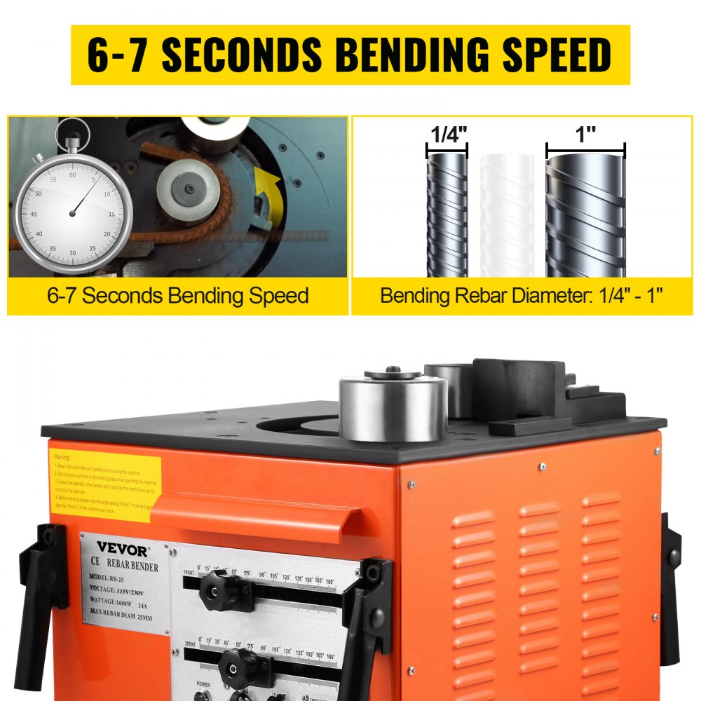 Orange electric rebar bender with controls and 1/4 to 1 inch rebar bending demo.