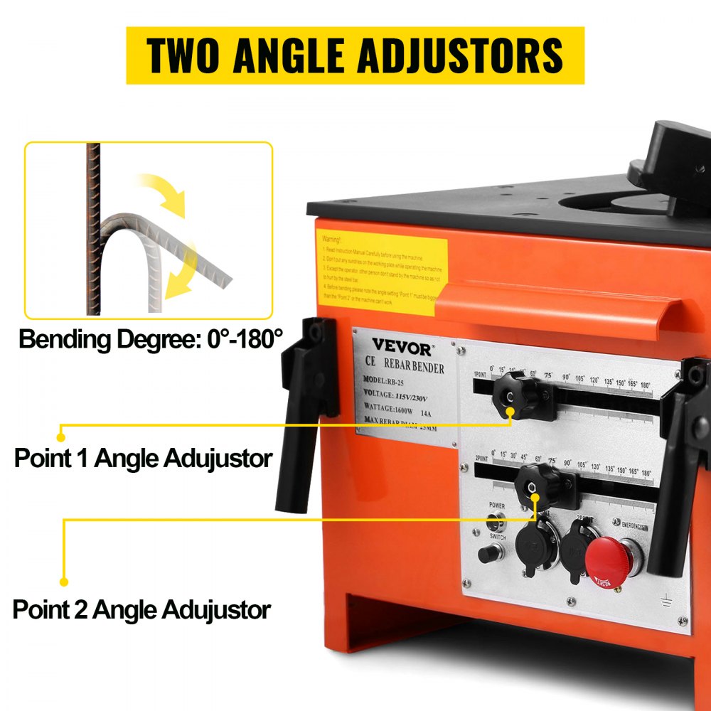 Orange electric rebar bender with two angle adjustors and 0-180 degree bending capability.