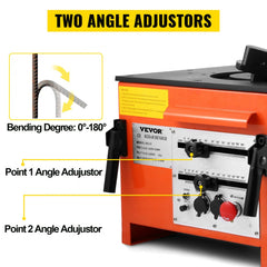Orange electric rebar bender with two angle adjustors and 0-180 degree bending capability.
