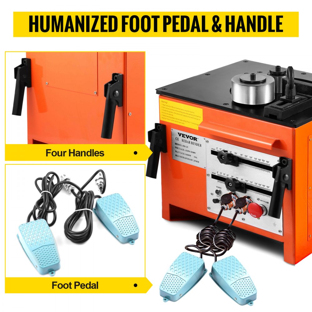 Orange electric rebar bender with foot pedals, four handles, and controls for bending up to 25mm rebar.