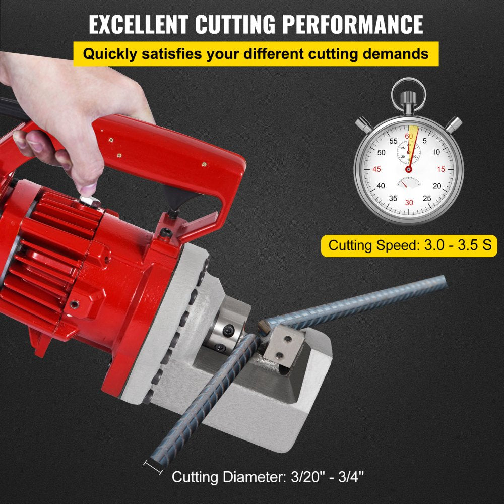 Electric hydraulic rebar cutter with a high-strength steel blade for cutting up to 20mm rebar.