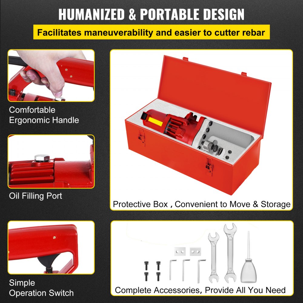 Electric hydraulic rebar cutter with a high-strength steel blade and portable design.