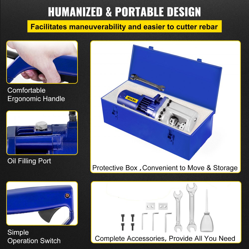 Electric hydraulic rebar cutter with ergonomic handle and high-strength steel blades for precision cuts.