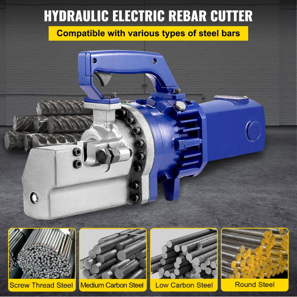 Blue electric hydraulic rebar cutter with 25mm capacity, shown cutting various steel bars.