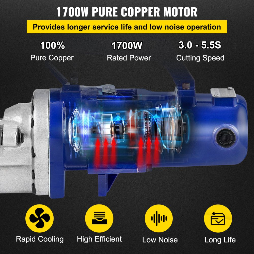 Blue electric hydraulic rebar cutter with 1700W copper motor, 25mm capacity, and 3-5.5s cutting speed.