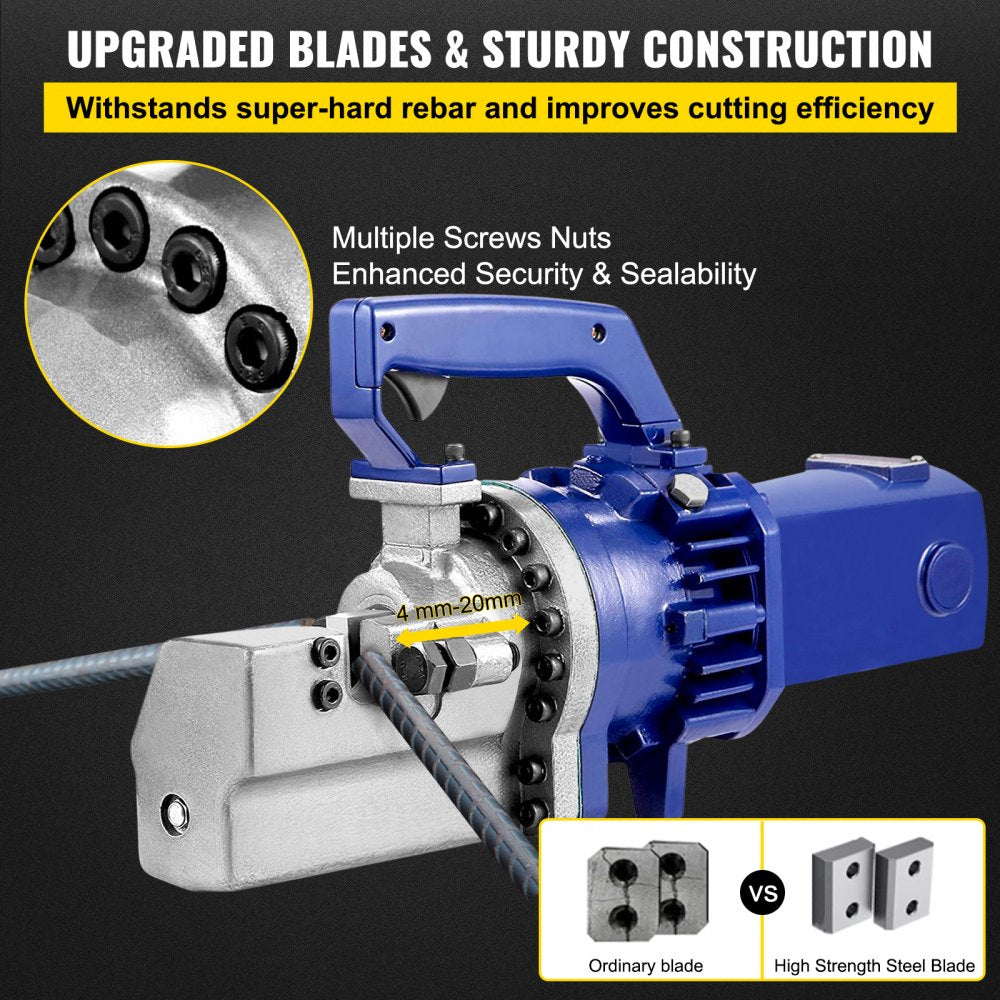 Blue electric hydraulic rebar cutter with sturdy construction, upgraded blades, and 25mm capacity.