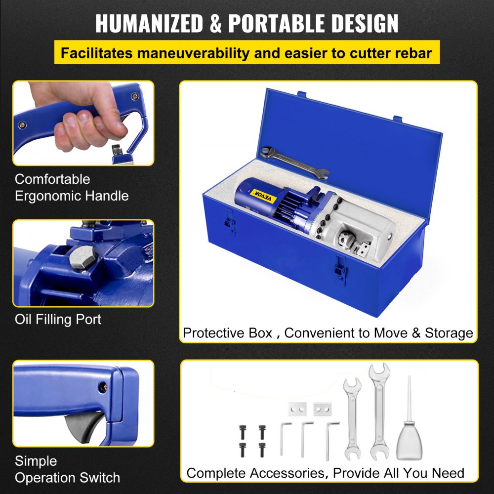 Blue electric hydraulic rebar cutter in a protective case with ergonomic handle and accessories.