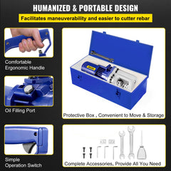 Blue electric hydraulic rebar cutter in a protective case with ergonomic handle and accessories.