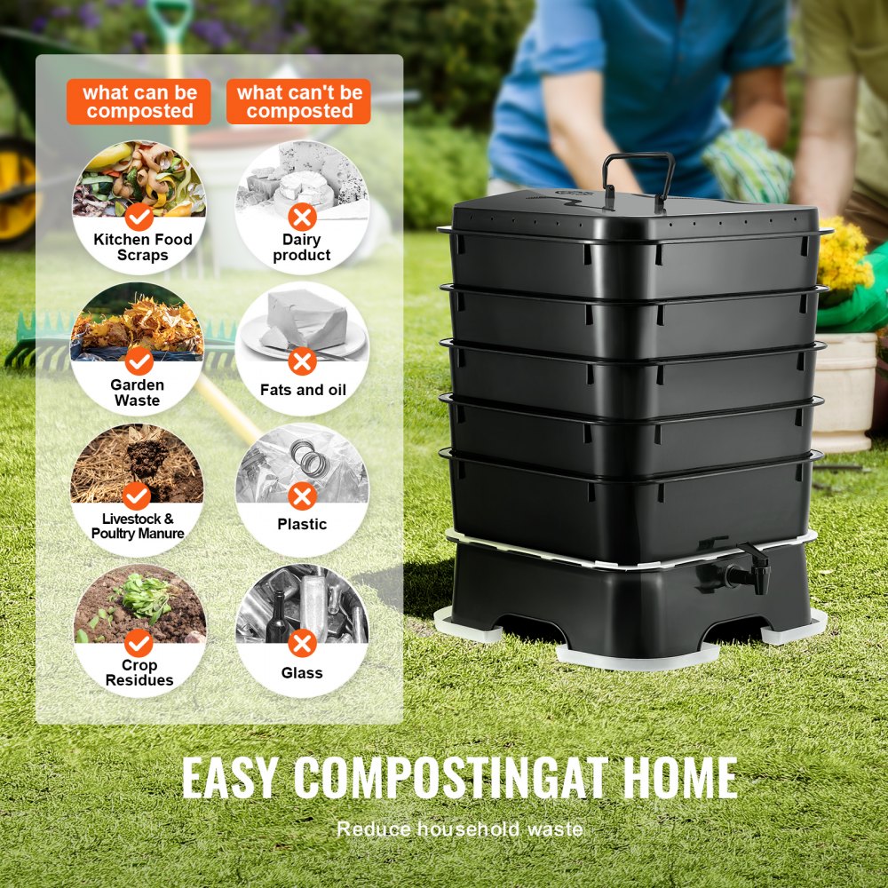 5-Tray Worm Composter, 50 L Worm Compost Bin Outdoor and Indoor, Sustainable Design Worm Farm Kit, for Recycling Food Waste, Worm Castings, Worm Tea, Vermiculture and Vermicomposting