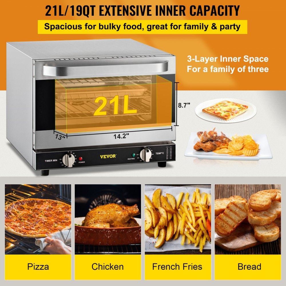 Commercial Convection Oven, 21L/19Qt, Quarter-Size Conventional Oven Countertop, 1440W 3-Tier Toaster w/ Front Glass Door, Electric Baking Oven w/ Trays Wire Racks Clip Gloves, 120V, ETL Listed