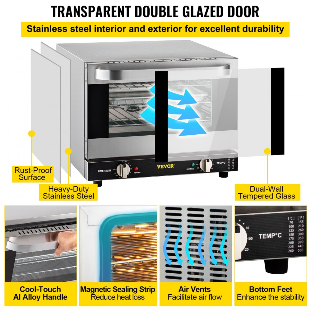 Commercial Convection Oven, 21L/19Qt, Quarter-Size Conventional Oven Countertop, 1440W 3-Tier Toaster w/ Front Glass Door, Electric Baking Oven w/ Trays Wire Racks Clip Gloves, 120V, ETL Listed