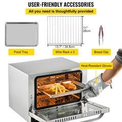 Commercial Convection Oven, 21L/19Qt, Quarter-Size Conventional Oven Countertop, 1440W 3-Tier Toaster w/ Front Glass Door, Electric Baking Oven w/ Trays Wire Racks Clip Gloves, 120V, ETL Listed
